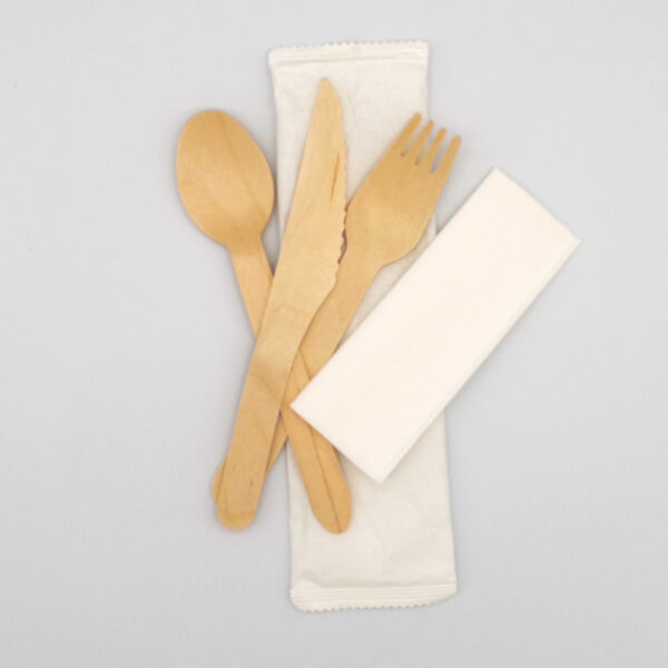 Compostable Wrapped Wooden Cutlery Set with Napkin